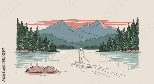 Person water skiing on serene lake surrounded by mountains and trees