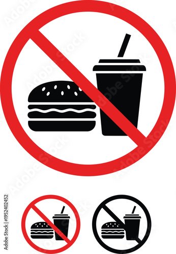No fast food sign, prohibition symbol, restriction icon, burger and drink banned, eating and drinking not allowed, public area rule