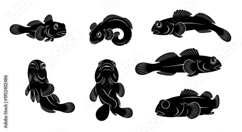 Set of different fish species, black and white linocut illustration, isolated on white background