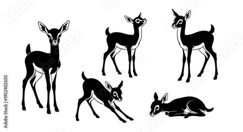Set of Five Black Silhouette Deer Fawns in Various Poses