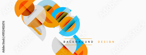 Abstract geometric shapes overlap, creating dynamic visual composition. Orange, blue, gray hues dominate design. Minimalist style.