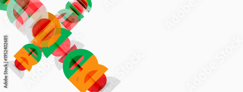 Colorful overlapping text elements create dynamic visual effect. Bright hues contrast against white background. Modern design.