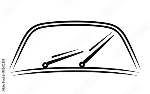 A simple black and white illustration of a car windshield with wipers
