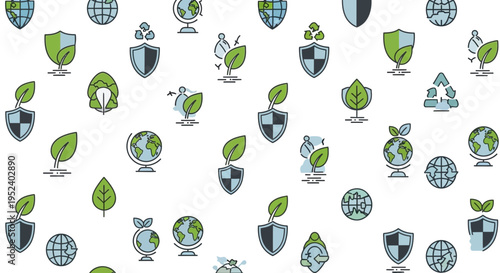 Eco friendly icons: globe, shield, leaf, recycle symbol on white background
