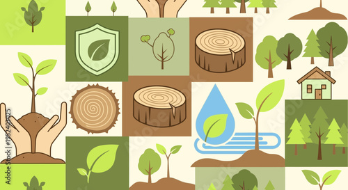 Eco-friendly nature collage: planting, trees, water, and sustainable living