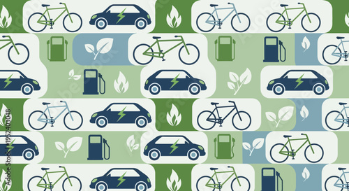 Eco-friendly transport pattern: electric cars, bicycles, and charging stations