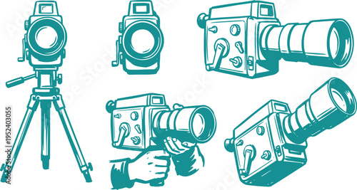 Surveying Equipment Vector Set, Hand Drawn Theodolite Level Clipart Design, Construction Measurement Line Art Illustration Collection.