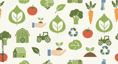 Farm Fresh Harvest: Organic Farming, Sustainable Agriculture, and Healthy Food Icons Seamless Pattern