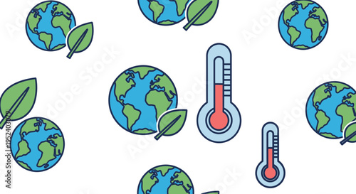 Global warming concept: Earth planets with thermometers and green leaves, symbolizing climate change