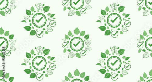Green eco friendly check mark badge with leaves seamless pattern, organic certification concept