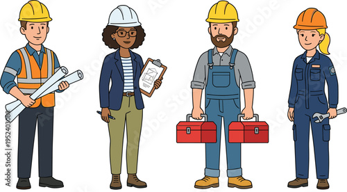 Diverse Construction Workers Set Featuring Engineers Managers Builders and Supervisors with Helmets Tools Blueprints and Work Equipment Vector Illustration Collection