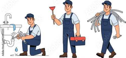 Plumber Performing Different Tasks with Tools and Pipework Plumbing Service Worker Vector Illustration Collection