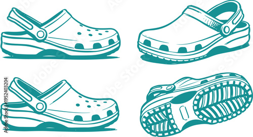 Clog Sandal Vector Set, Hand Drawn Casual Shoe Clipart Design, Comfort Footwear Line Art Illustration Collection.