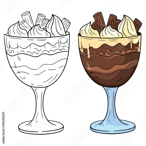 Hand-drawn chocolate parfait illustration with line art version. Sweet chocolate mousse dessert side-by-side coloring page and colored vector. Layered chocolate ice cream in elegant glassware.  