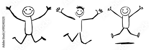 Stick figure drawing set with a joyful person jumping featuring arms outstretched, legs spread apart, star shape with a wide smile and dot eyes