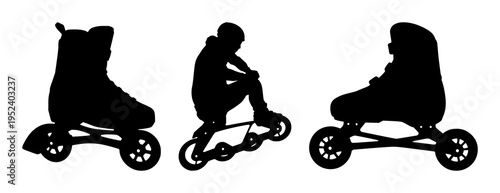 Rollerblade set with dynamic colorful line art design featuring skateboard, inline skating, winter fashion with sport and motion