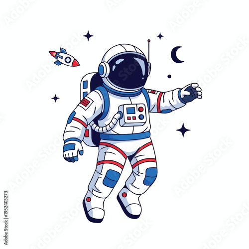 Cartoon astronaut floating in space with a rocket, moon, and stars