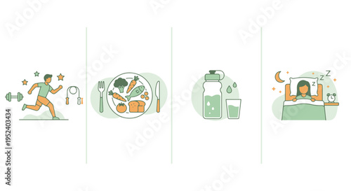 Healthy lifestyle infographic with exercise running, balanced diet meal, hydration water bottle and quality sleep routine illustration