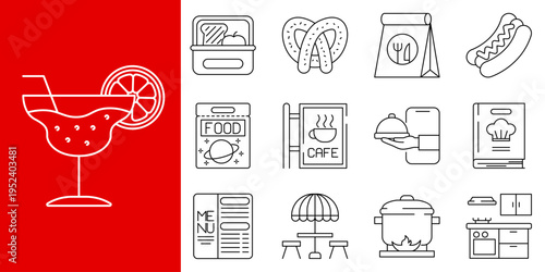 Line vector icons for food, drinks, and restaurant services. Outline illustrations for dining, takeout, cooking, menus, and culinary business designs