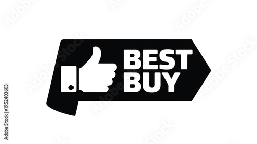 Black arrow label featuring a thumbs up and the text best buy displayed