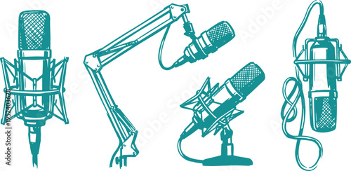 Studio Microphone Vector Set, Hand Drawn Podcast Mic Clipart Design, Recording Equipment Line Art Illustration Collection.