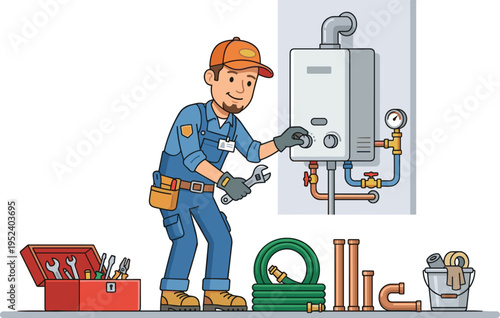 Plumber Fixing Water Heater with Tools and Equipment in Professional Workwear Home Service Worker Vector Illustration