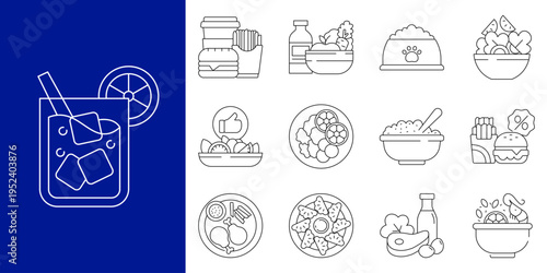 A Comprehensive Collection of Outline Vector Icons Representing Diverse Food and Drink Categories, from Healthy Meals to Fast Food and Refreshing Beverages, Ideal for Digital Design Projects