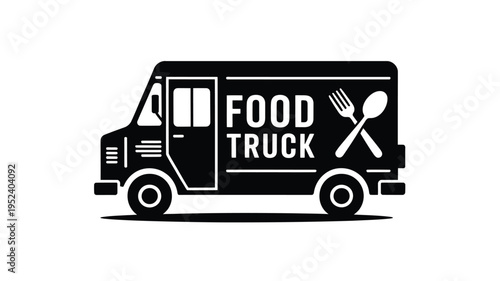 A black and white illustration of a food truck with cutlery designs