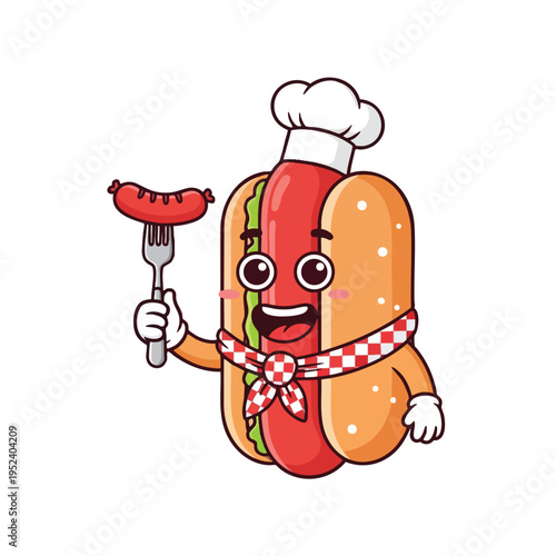 A cheerful cartoon hot dog wearing a chef's hat holds a fork with a sausage