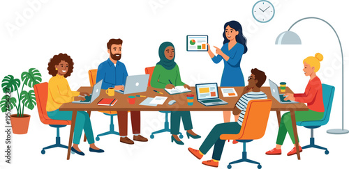 Diverse Team Collaborating in a Modern Office Meeting with Digital Presentation and Laptops Teamwork and Project Discussion Vector Illustration