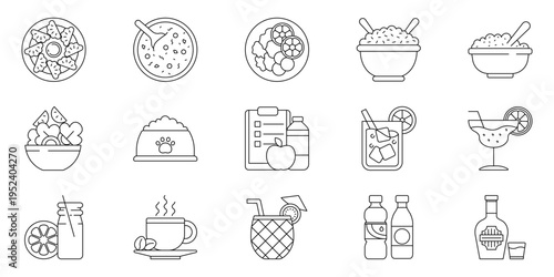 Outline icons depicting various healthy food options, refreshing beverages, and essential elements for a balanced diet and culinary lifestyle