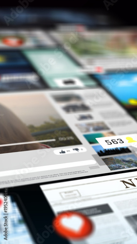 Vertical social media feed visualization with posts, likes and notification icons representing mobile content consumption, engagement metrics and digital user behavior.