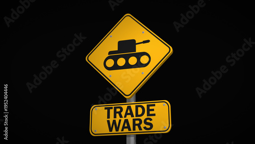 Billede på lærred Trade wars warning sign isolated on black background with tank icon, symbolizing
