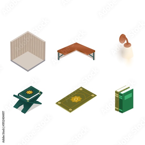 Green Islamic Prayer Room Mushola Set with Quran Sajadah and Interior Elements