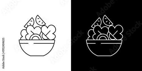 Minimalist Line Art Icons of a Fresh Salad Bowl, Perfect for Food Blogs and Healthy Eating Graphics