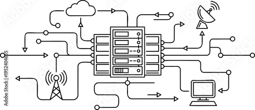 Line art vector of network server, cloud computing and telecommunication infrastructure