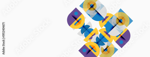Abstract geometric design. Overlapping circles, squares create complex pattern. Yellow, purple, blue hues dominate white background. Modern aesthetic.