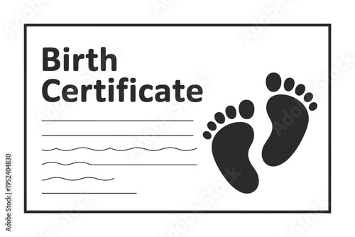 A black and white illustration of a birth certificate with baby footprints