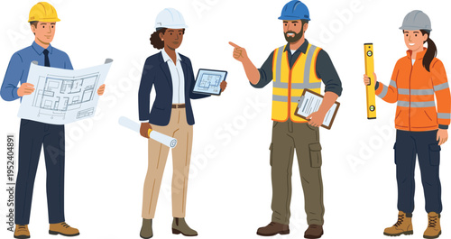 Construction Workers and Architects Team Set Featuring Builders Engineers Planning Supervisors and Equipment on Construction Site Vector Illustration Collection