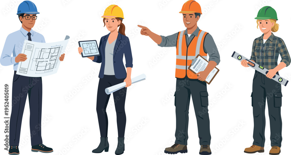 Obraz premium Construction Workers Team with Blueprints and Tools in Professional Workwear Diverse Group of Engineers Vector Illustration