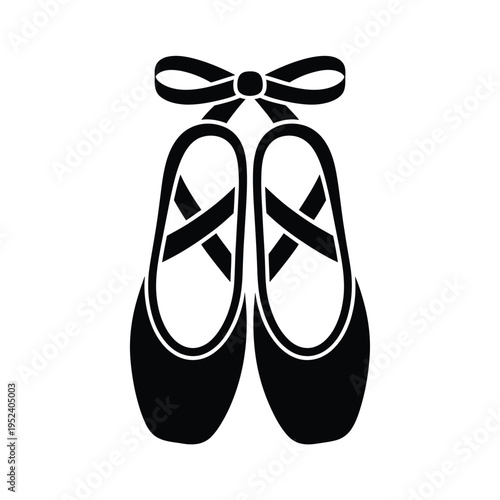 A black and white illustration of a pair of ballet pointe shoes with ribbons