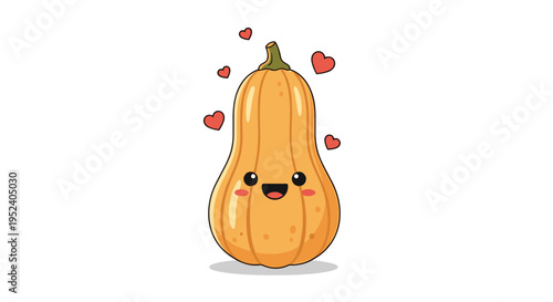 Cute butternut squash character with a happy face and small floating red hearts, whimsical vegetable illustration on white background.