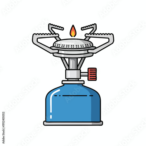 Compact blue gas stove with metal legs and lit burner