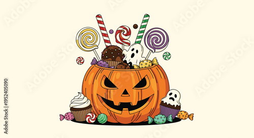 Large carved Halloween pumpkin filled with various sweets, candies, lollipops, and cupcakes, festive celebration treats composition.