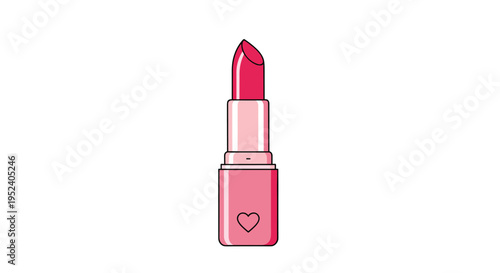 Pink lipstick tube with a heart symbol on the base, simple cosmetic illustration for beauty and makeup related design themes.