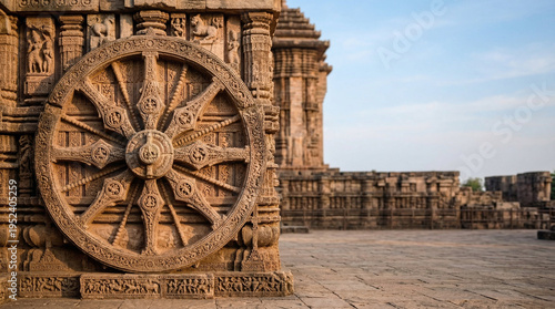 Majestic carved stone wheel at ancient konark sun temple complex showcasing intricate artistry and historical significance amidst stone ruins and clear sky