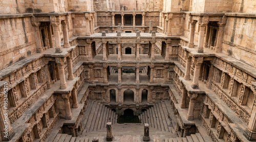 Chand baori stepwell in abhaneri rajasthan india overhead view of ancient intricate geometric structure with symmetrical steps and pillars