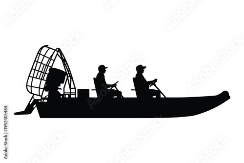 Silhouette of two people in a flat bottomed boat with a cage like structure