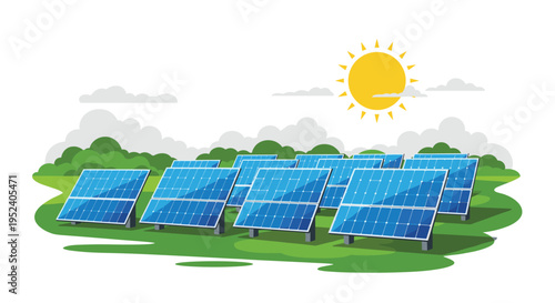 Group of solar panels in a green field under a bright sun and clouds, representing sustainable renewable energy source generation.