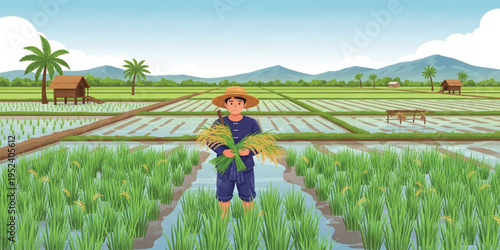 Asian Rice Farmer Standing in Lush Green Paddy Field Holding Fresh Rice Harvest with Rural Farmland Landscape, Traditional Agriculture and Farming Concept Illustration
